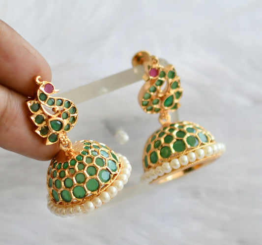 Gold tone ad green-pearl peacock jhumkka dj-46477