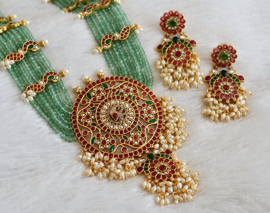 Matte finish kemp-green-white flower peacock round rice pearl green beaded haar set dj-50072