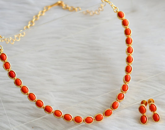 Gold tone orange oval stone necklace set dj-44680