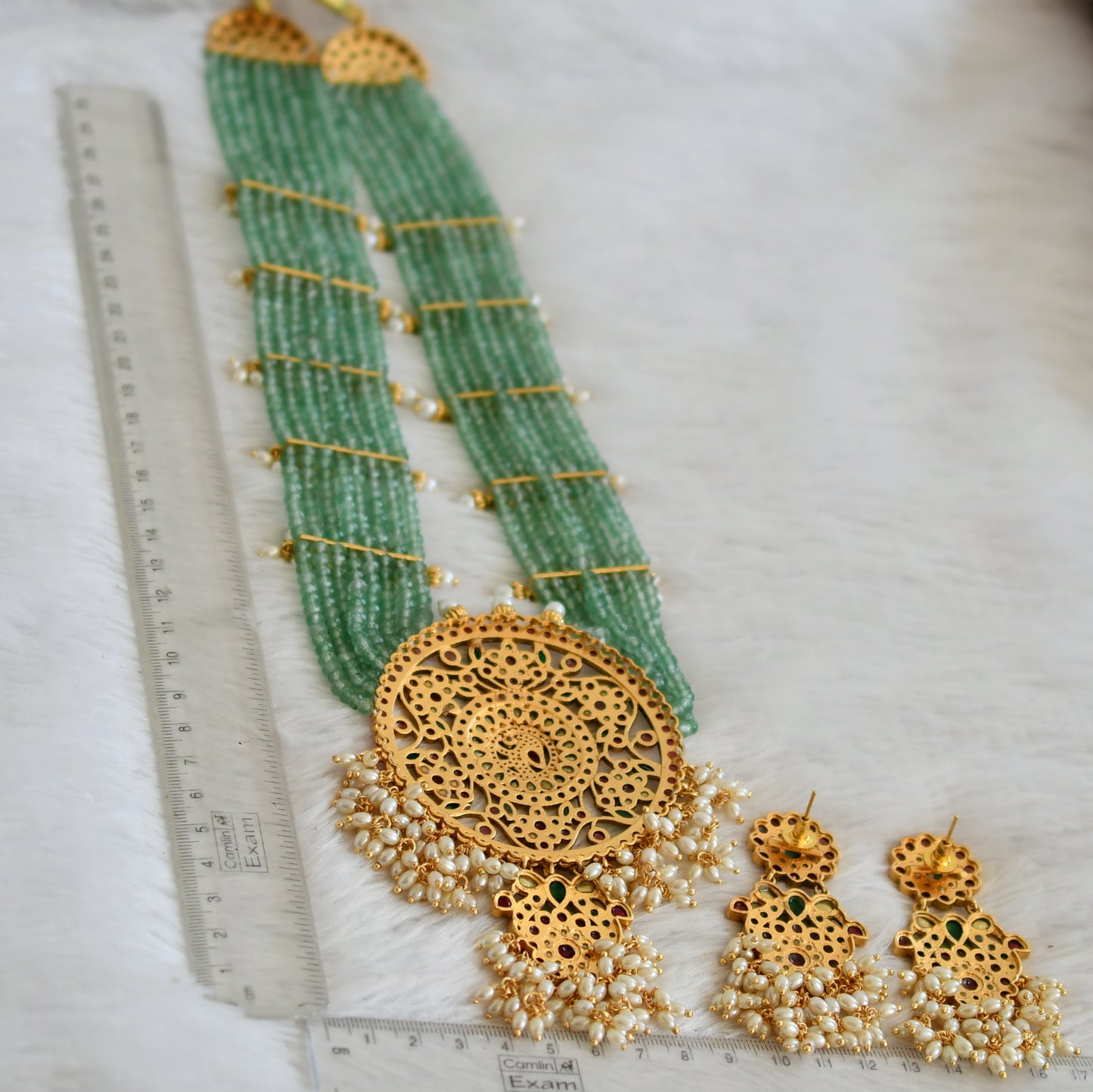 Matte finish kemp-green-white flower peacock round rice pearl green beaded haar set dj-50072