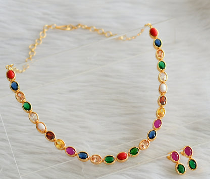 Gold tone navarathna oval stone necklace set dj-44679
