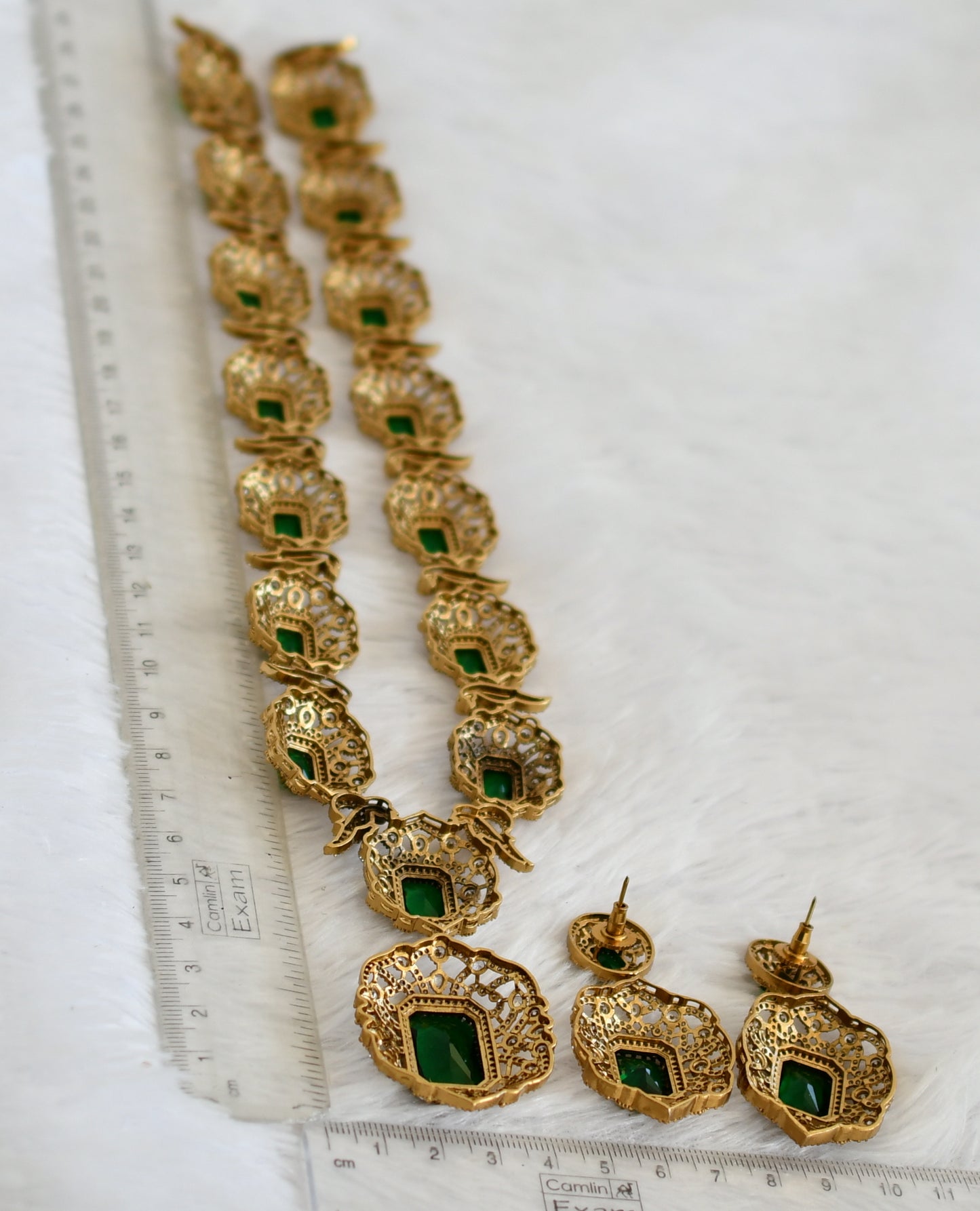 Antique gold tone cz bottle green block stone bird victorian short haar set dj-50060