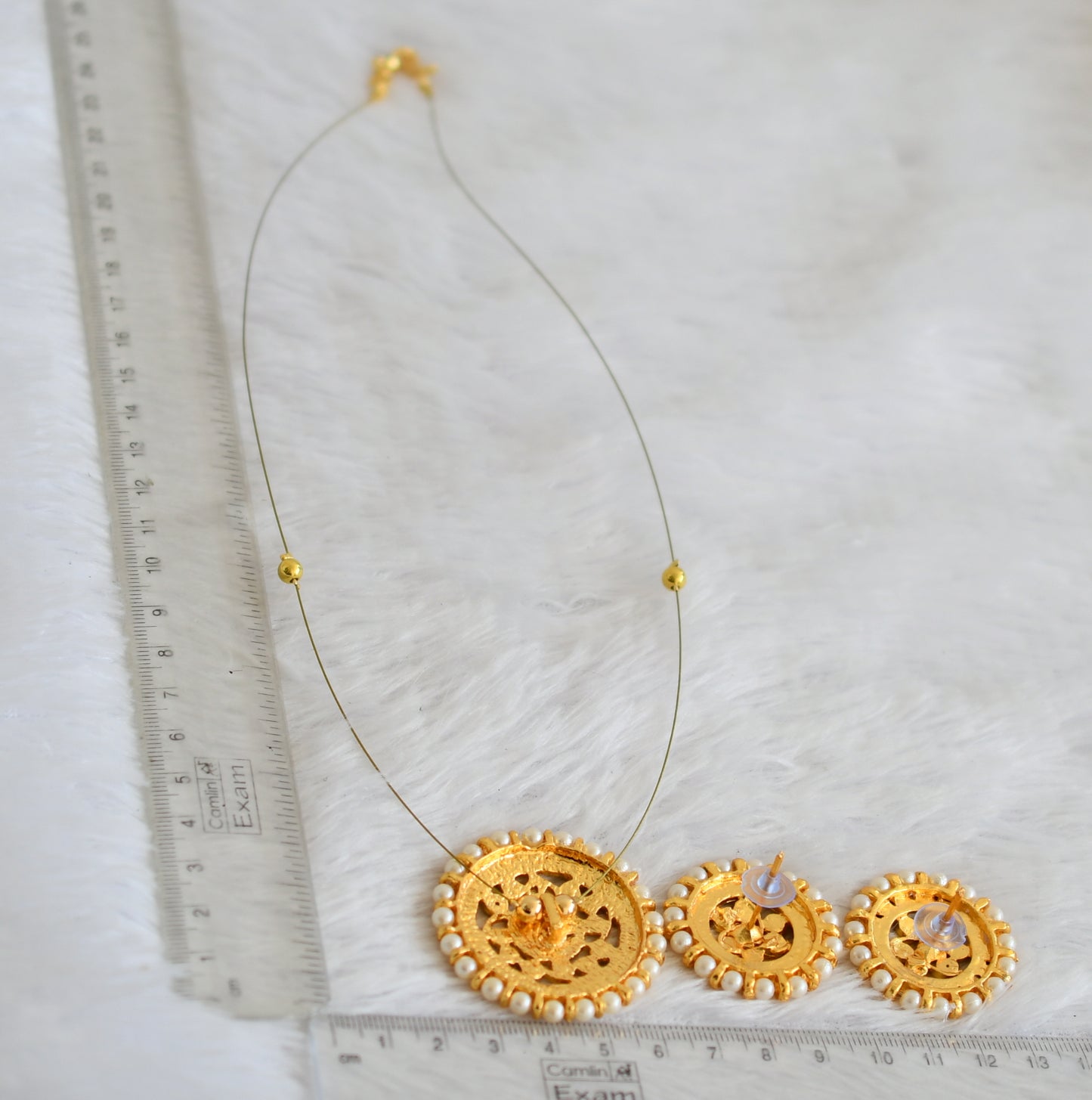 Gold tone kemp-green pearl round invisible necklace set dj-50077