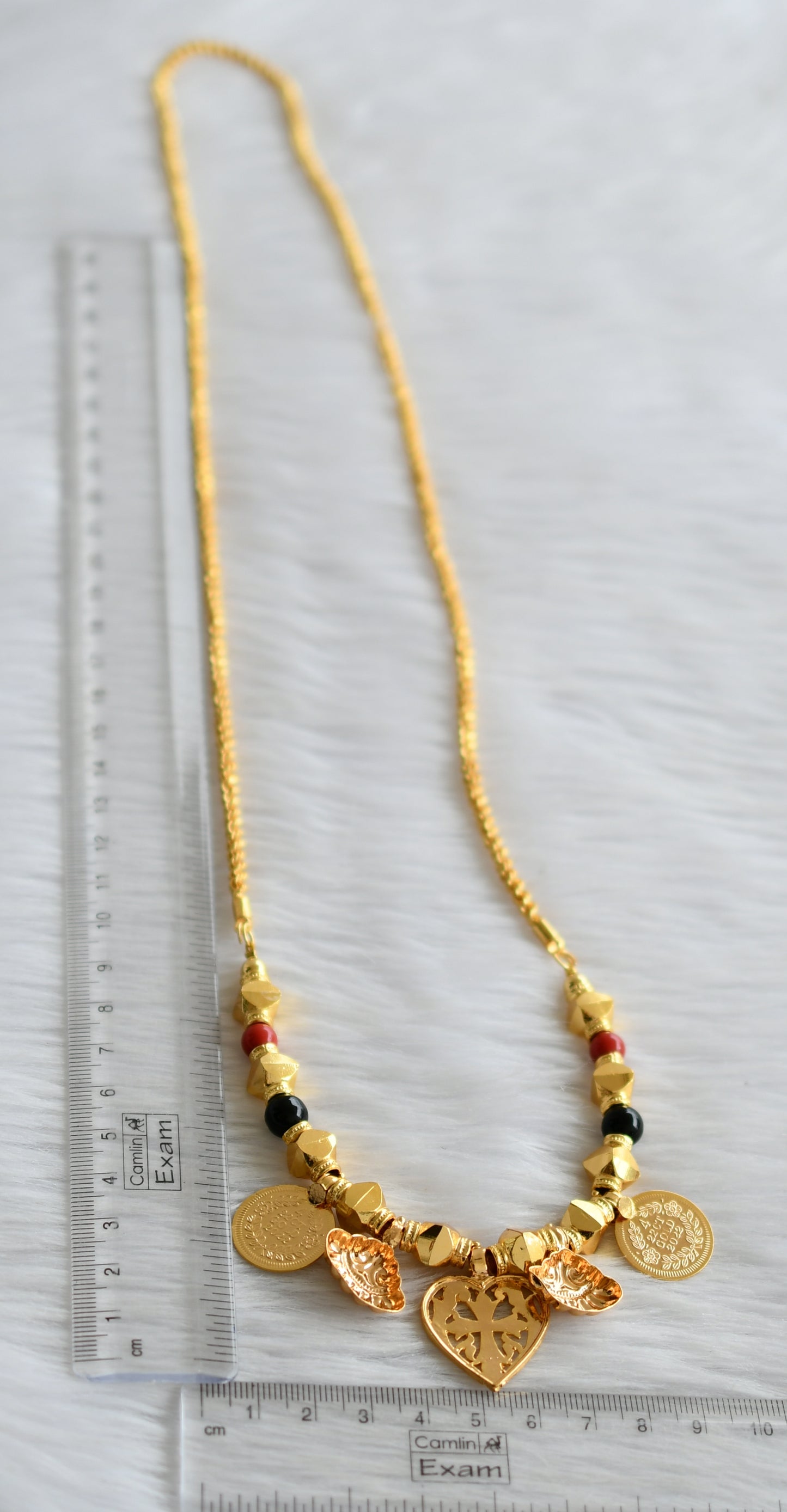 Gold tone 24 inches rope chain with coral-black beads heart cross coin mangalyam dj-44669