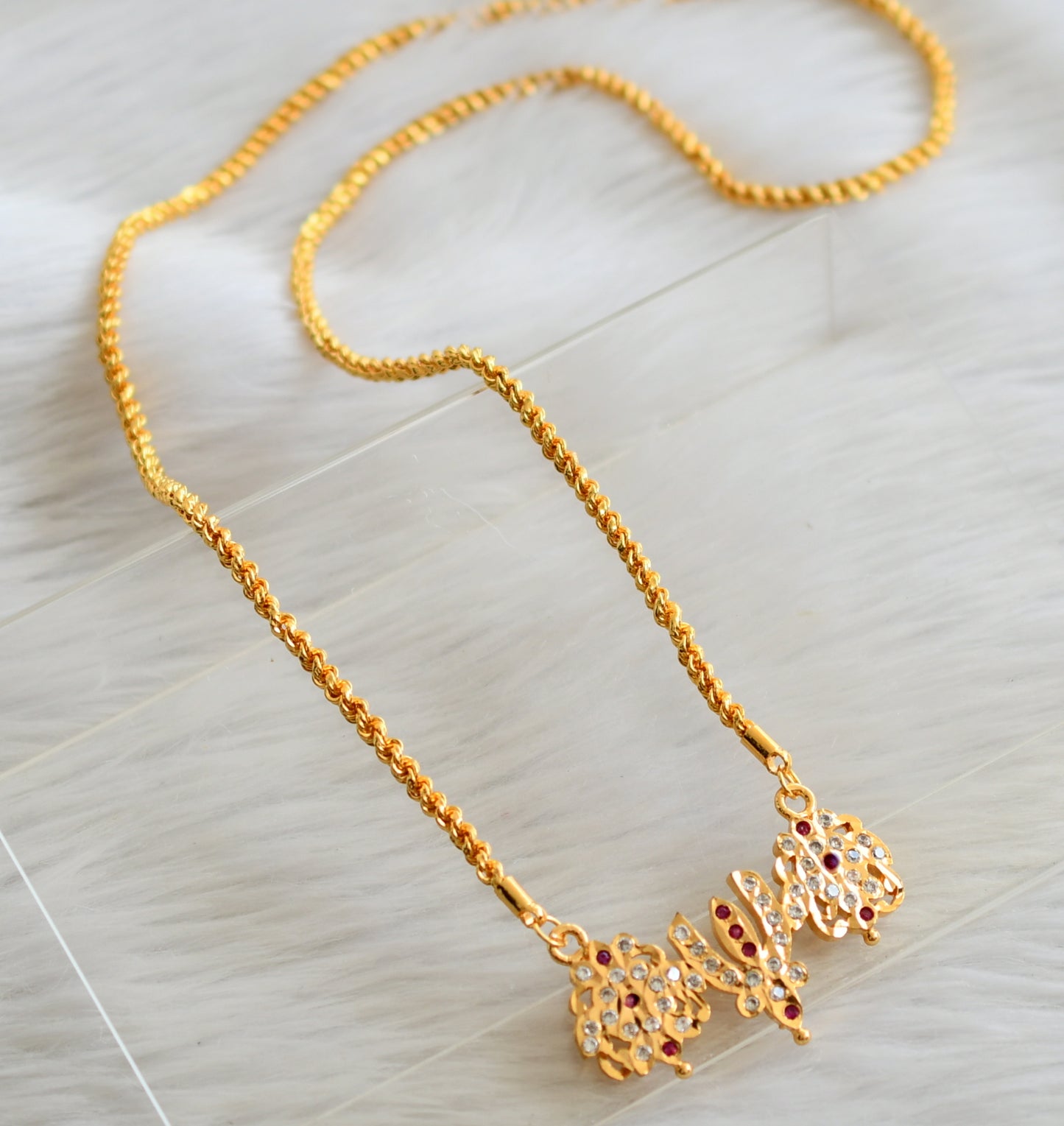 Gold tone 24 inches rope chain with ad pink-white shanku-chakra-nama pendant dj-44692