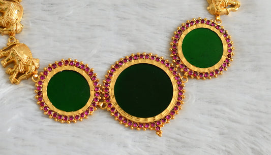 Gold tone kerala style ad pink-green round elephant choker dj-48064