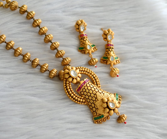 Matte finish ruby-emerald kundan beaded necklace set dj-12105