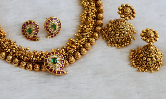 Antique gold tone kemp-green-white mango cluster necklace set dj-50084