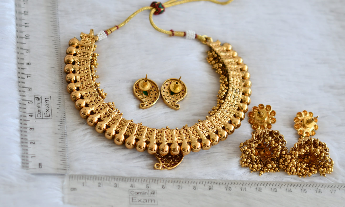 Antique gold tone kemp-green-white mango cluster necklace set dj-50084