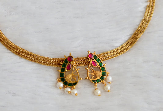 Matte finish pink-green-white kundan jadau peacock necklace dj-50112