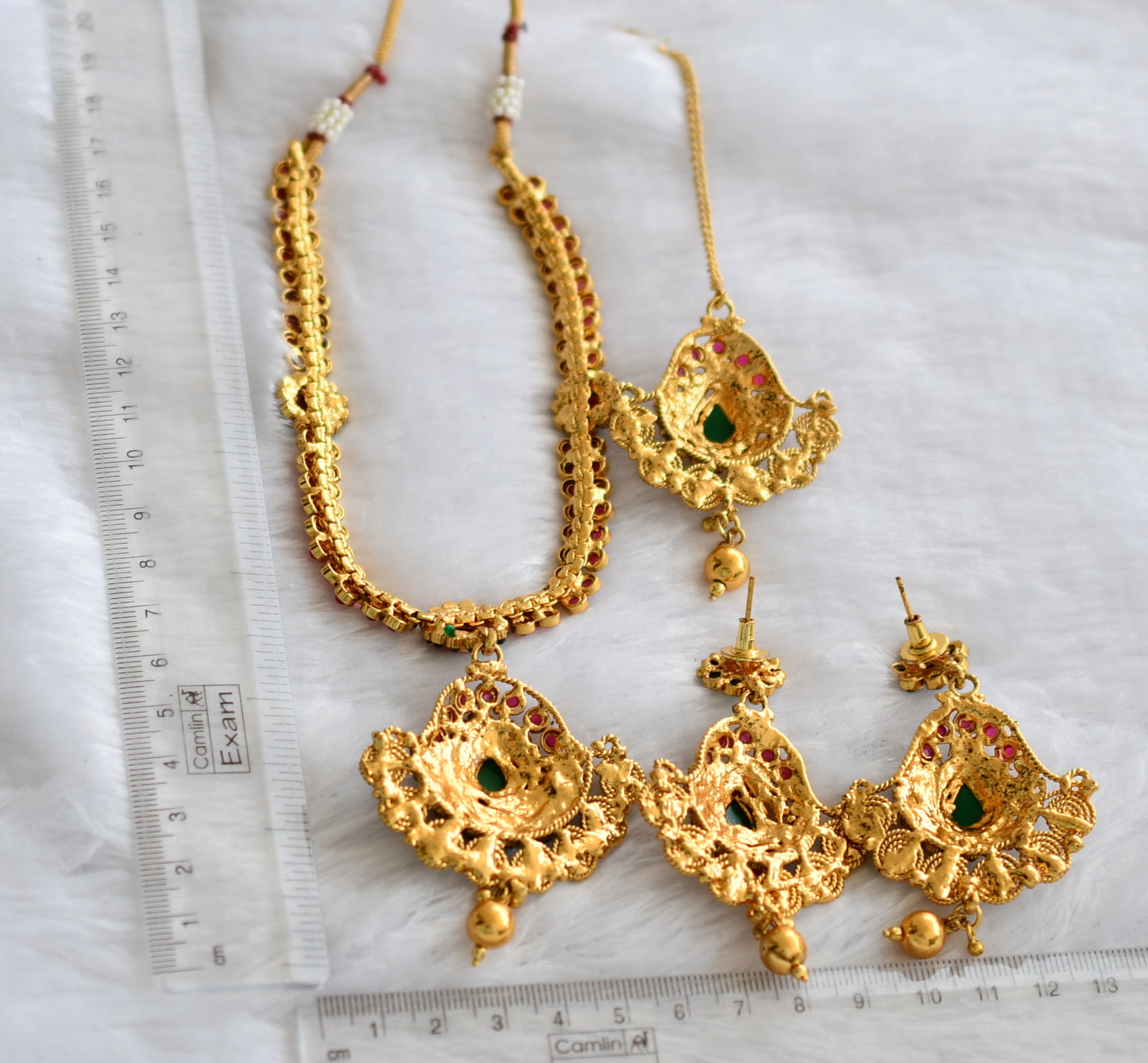 Antique gold tone kemp-green flower necklace combo set dj-46496