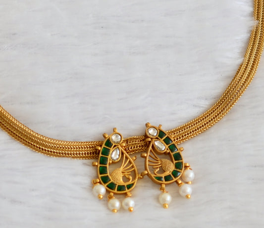 Matte finish green-white kundan jadau peacock necklace dj-50109
