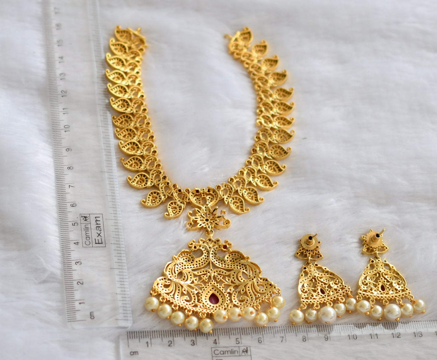 Gold tone cz white-ruby-green pearl peacock necklace set dj-46488