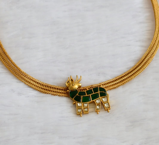 Matte finish green-white kundan jadau deer necklace dj-50104