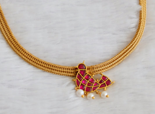 Matte finish pink kundan jadau bird necklace dj-50096