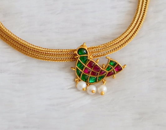 Matte finish green-pink kundan jadau bird necklace dj-50099