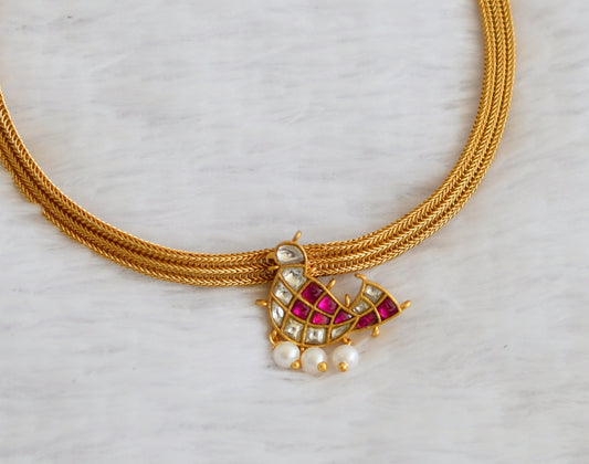 Matte finish pink-white kundan jadau bird necklace dj-50100