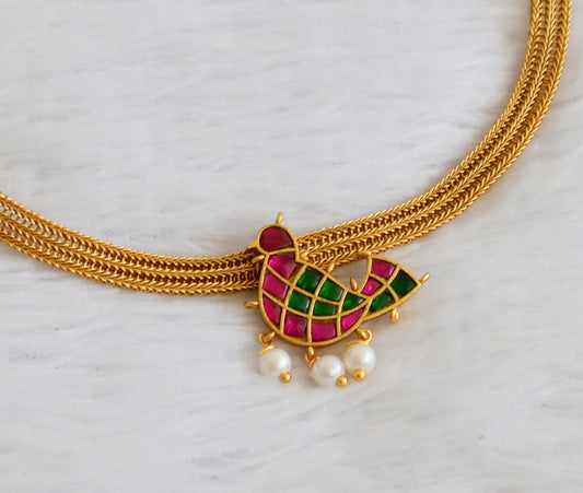 Matte finish pink-green kundan jadau bird necklace dj-50098