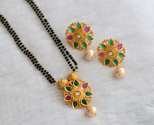 Matte finish ruby-green-white flower mangalsutra set dj-46508