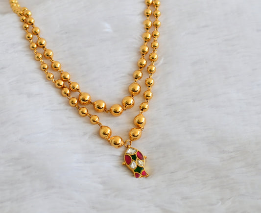 Gold tone double layer ball chain with pink-green-white kundan jadau fish pendant dj-50087