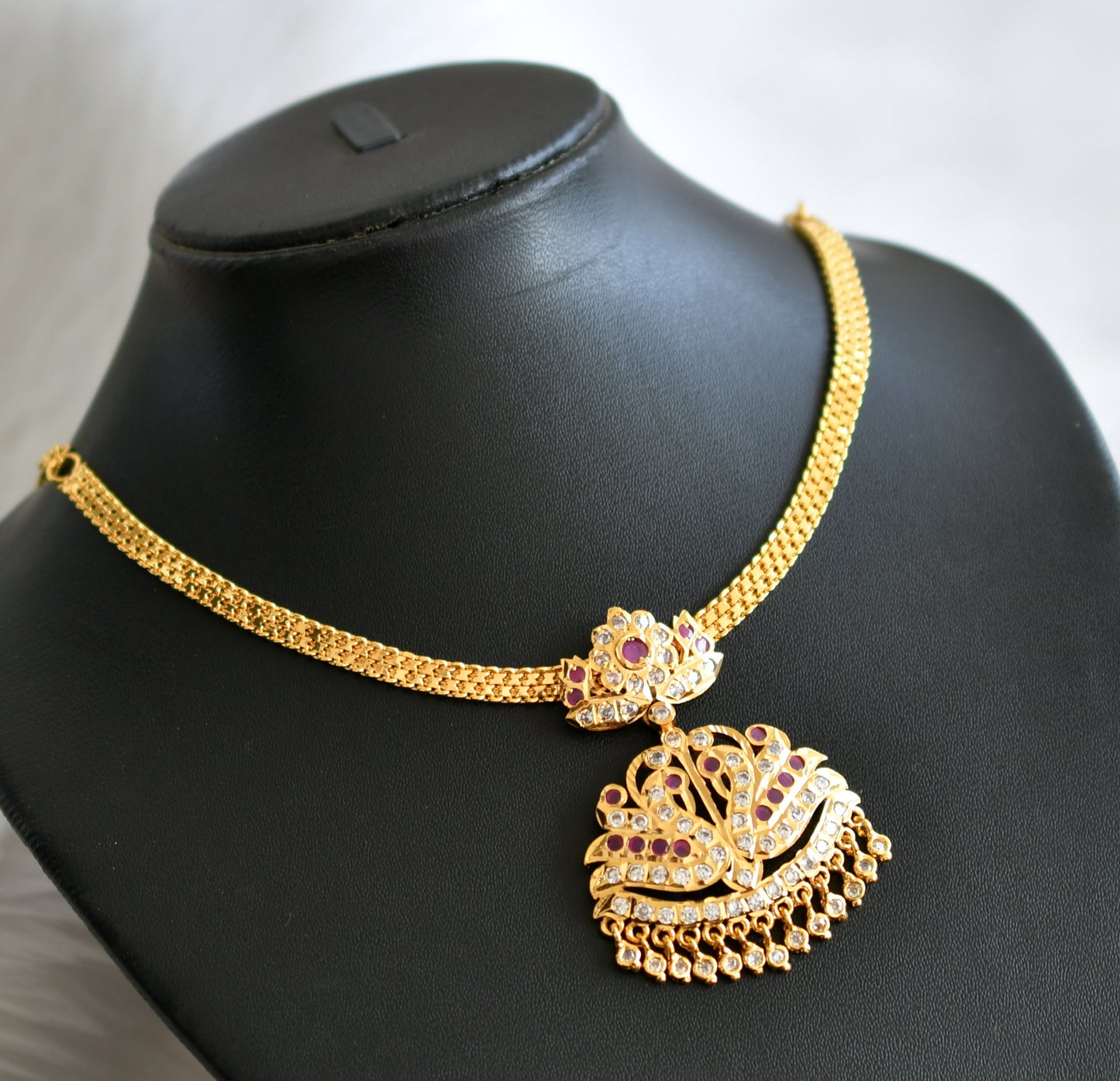 Gold tone ruby-white south indian big swan attigai/necklace dj-44704