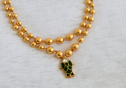 Gold tone double layer ball chain with green-white kundan jadau fish pendant dj-50089