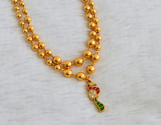 Gold tone double layer ball chain with pink-green-white kundan jadau peacock pendant dj-50092