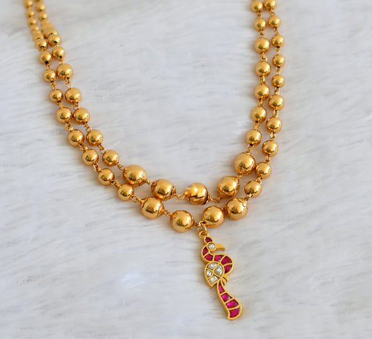 Gold tone double layer ball chain with pink-white peacock kundan jadau pendant dj-50090
