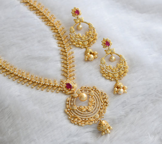 Gold tone cz white-ruby pearl leaf necklace set dj-46489