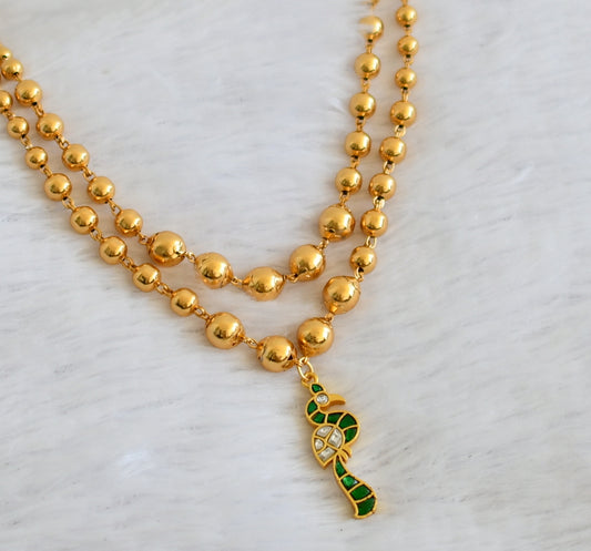 Gold tone double layer ball chain with green-white kundan jadau peacock pendant dj-50091
