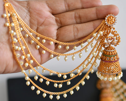 Matte finish ruby-green-white peacock jhumkka with pearl multi layer ear side chain dj-47936