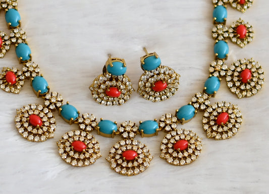 Matte finish cz coral-turquoise blue necklace set dj-50113