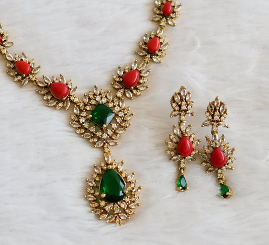 Antique gold tone cz coral-green thilak stone necklace set dj-50117