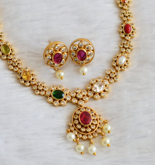 Matte finish cz navarathna stone flower necklace set dj-50118
