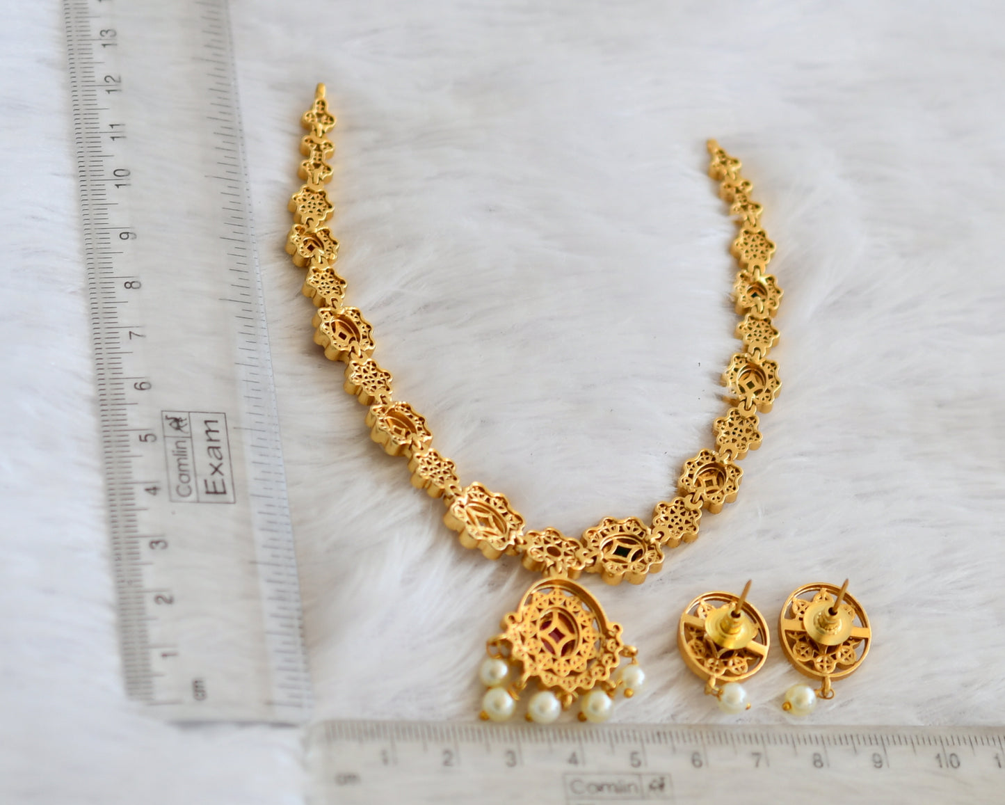 Matte finish cz navarathna stone flower necklace set dj-50118