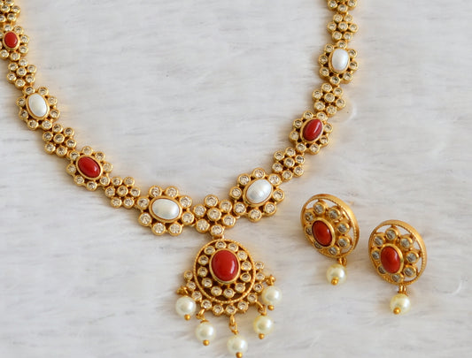 Matte finish cz coral-pearl stone flower necklace set dj-50119