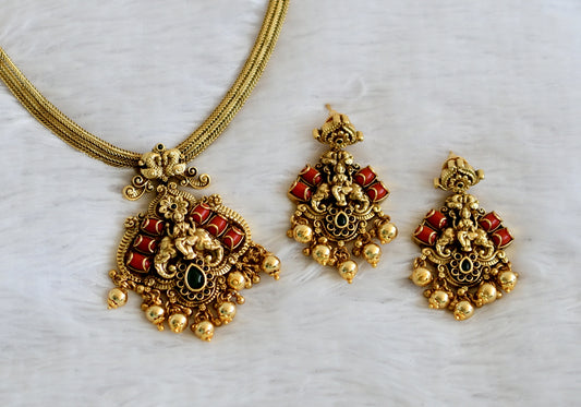 Antique gold tone kemp-green coral stone gaja lakshmi peacock nakshi necklace set dj-50126