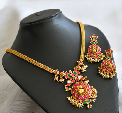 Antique gold tone pink-green-white peacock pearl cluster kundan jadau necklace set dj-44738