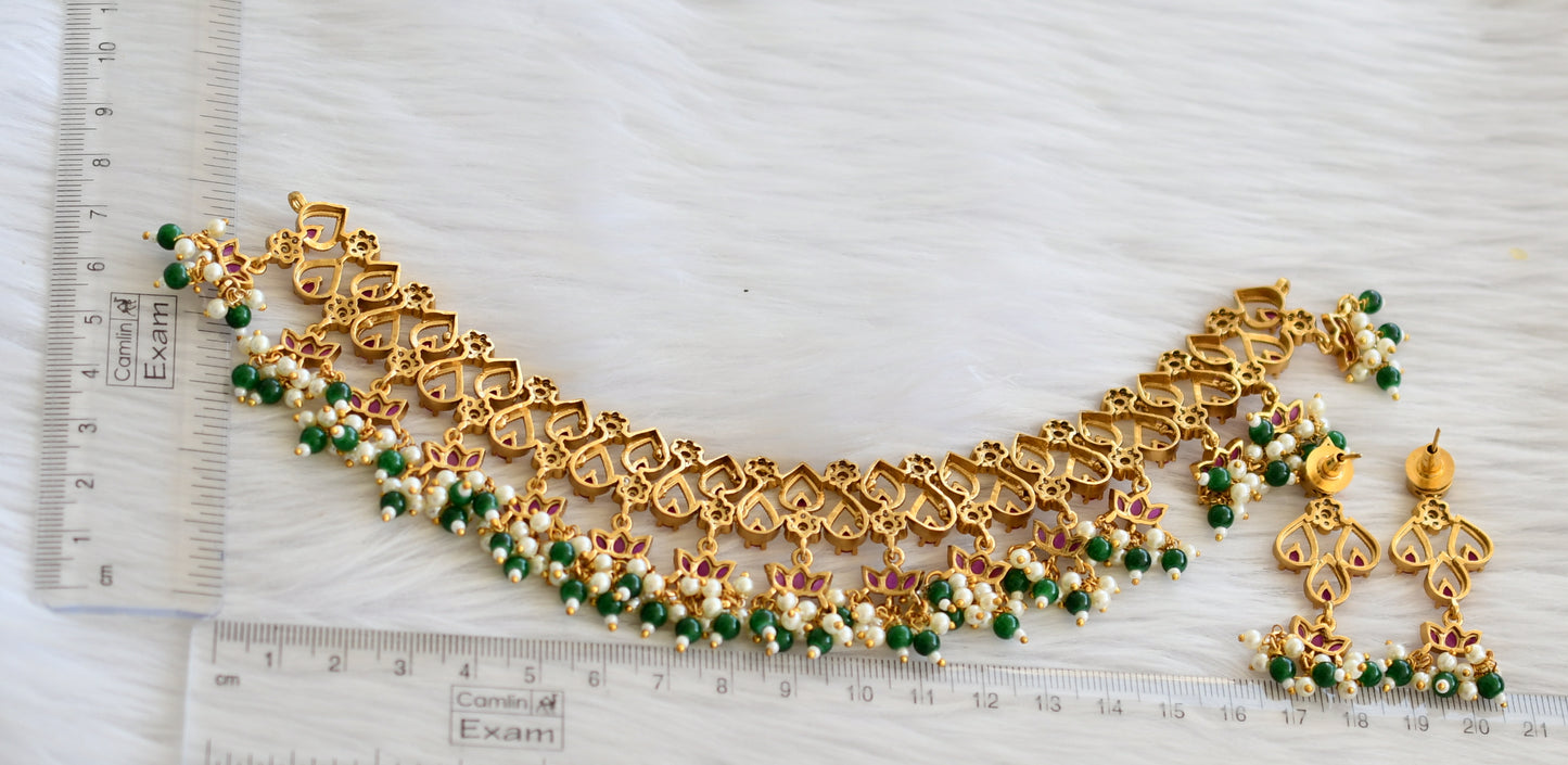 Matte finish real kemp-white lotus-flower green-pearl cluster choker necklace set dj-44736