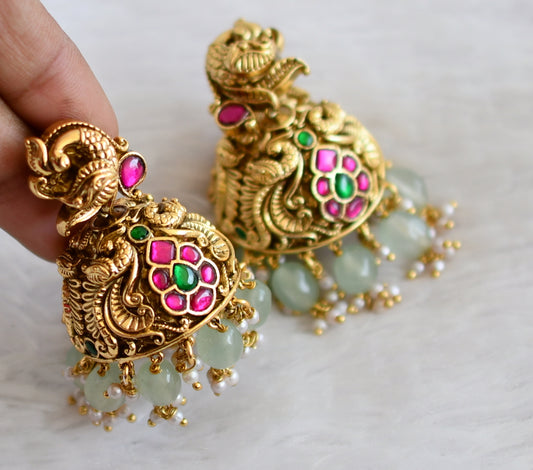 Antique gold tone pink-green kundan jadau peacock sea green beaded jhumkka dj-50152