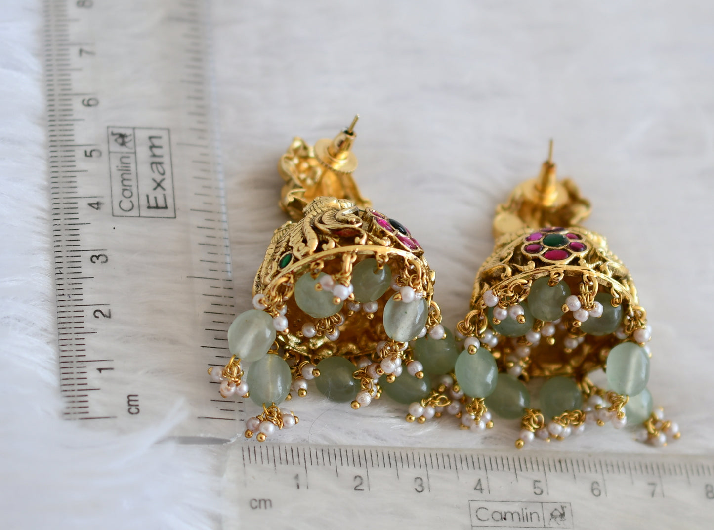 Antique gold tone pink-green kundan jadau peacock sea green beaded jhumkka dj-50152