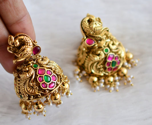 Antique gold tone pink-green kundan jadau peacock jhumkka dj-50153