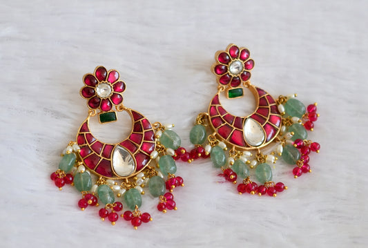 Gold tone pink-green-white flower sea green beaded bali earrings dj-50140