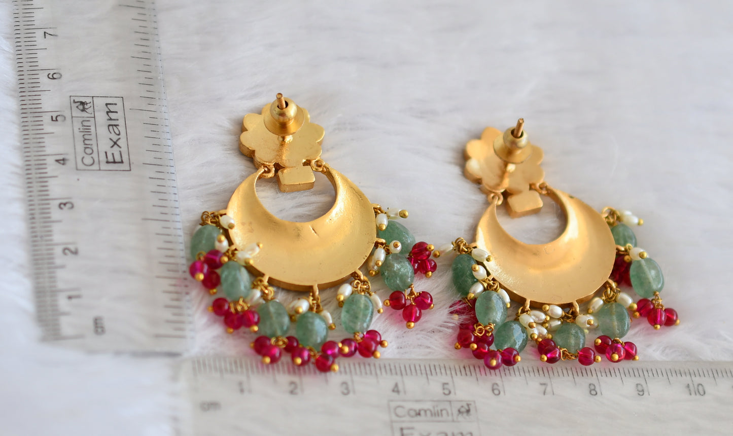 Gold tone pink-green-white flower sea green beaded bali earrings dj-50140