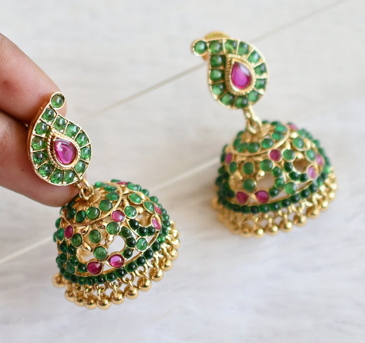 Antique gold tone pink-green mango peacock jhumkka dj-50162