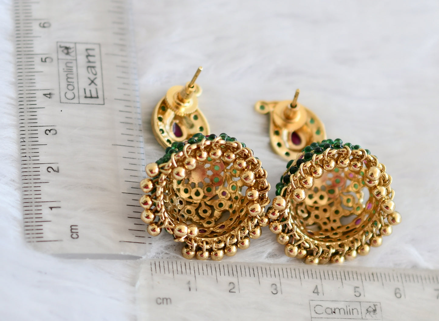 Antique gold tone pink-green mango peacock jhumkka dj-50162