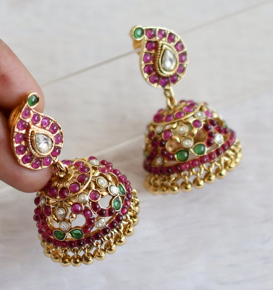 Antique gold tone kemp-green-white mango peacock jhumkka dj-50161