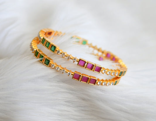 Gold tone ruby-green-white block stone bangles(2.8) dj-44719