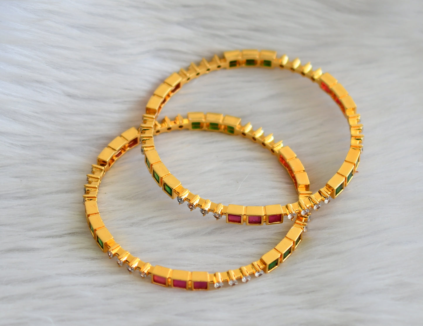 Gold tone ruby-green-white block stone bangles(2.8) dj-44719