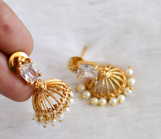 Matte finish white block stone pearl jhumkka dj-50156